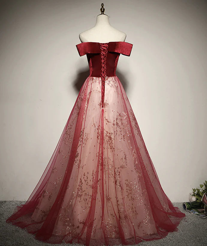 Vestido de fiesta largo con hombros descubiertos, corte A, de tul rojo y terciopelo